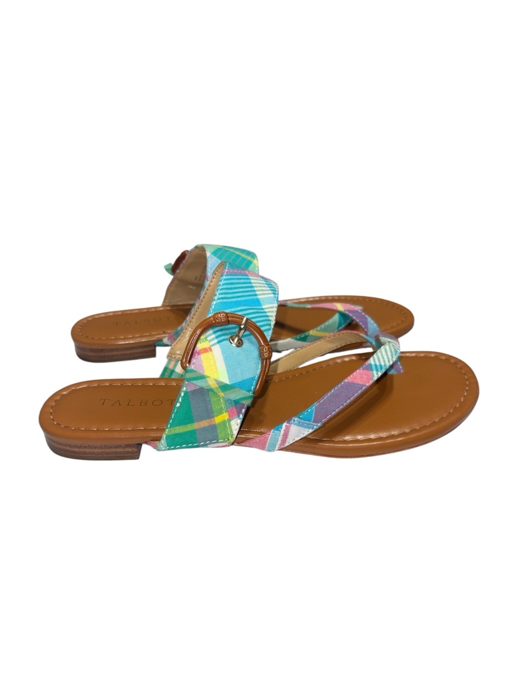 Talbots Gia Buckle Multi-Color Patchwork Plaid Flat Sandals Women’s Size 8